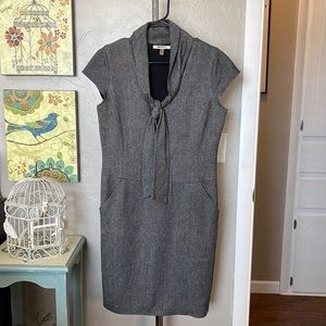 DKNYC Tweed Pussy Bow Dress Gray Size 8 Cap Sleeves Pockets Side Zip
